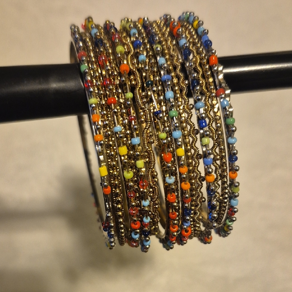 Multicolor Beaded Gold-Tone Stackable Bangles - W… - image 1